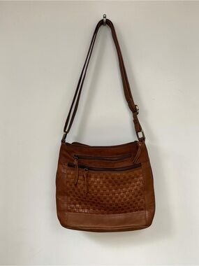 Great American Leather Works Woven Leather Crossbody Bag Multi-Zip Brown Purse